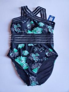 Women's Hilor NEW**Swimsuit US size 8-10 Black and Green Spandex padded bra